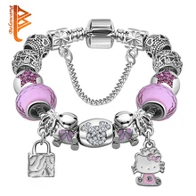 Lovely Girls Jewelry Silver Plated Women Bracelet Pink&Blue Murano Glass Beads Crystal Hello Kitty Charms Bracelet for Women