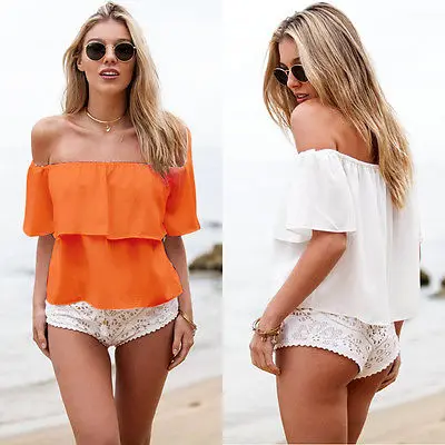 

Blouses Promotion Polyester Fashion None Short Plus Size 2018 Sexy Women Off Shoulder Low Back Peasant Chiffon Shirt Blouse Top