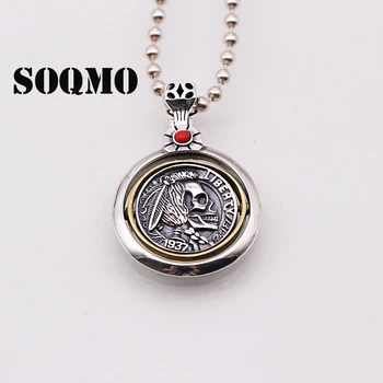 

SOQMO 925 Sterling Silver Skull Pendants For Men Rotatable Vintage Punk Style Engraved Indian Head Inlaid Natural Onyx Red Stone