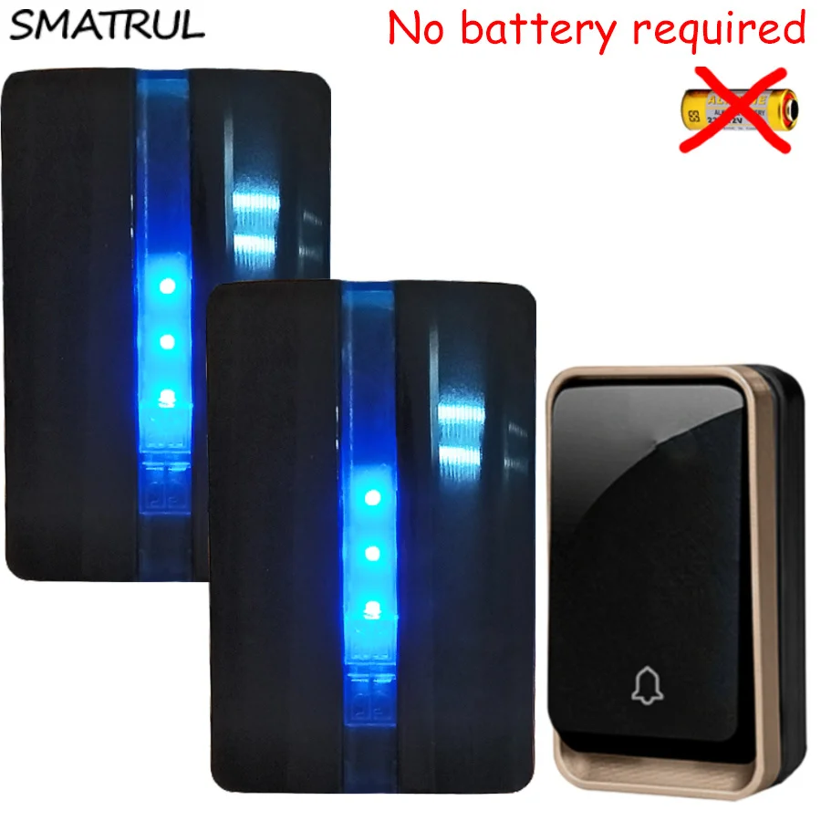 

SMATRUL self powered Waterproof Wireless DoorBell no battery EU plug home Door Bell 1 button 2 Receiver 110V 220V LED light Deaf