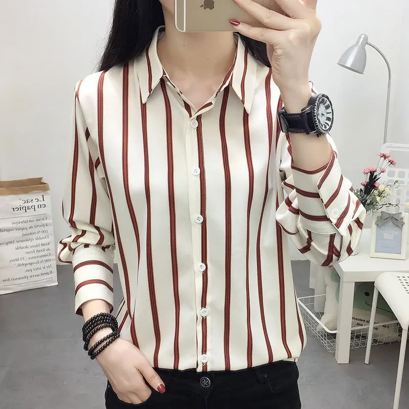 

Women Fashion Long Sleeve Turn-down Collar Striped Loose Blouse Shirts Autumn Thin Tops Casual Office Shirt Blusas