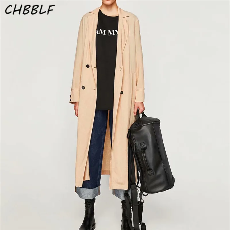 

CHBBLF women elegant loose long trench coat double breasted pockets outerwear ladies casual long coat POP1382