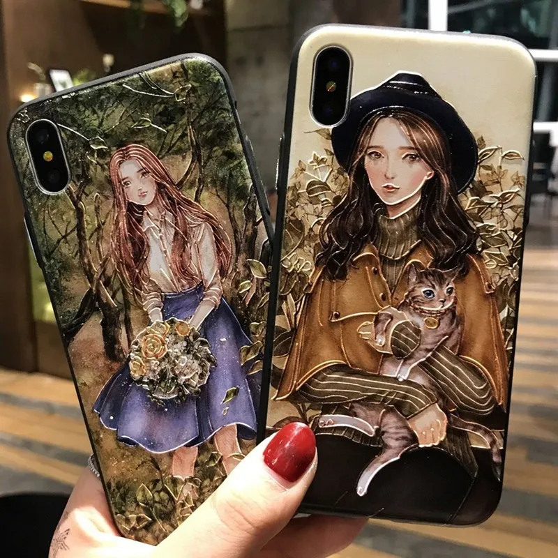 OUJINUO 3D рельефные красивые чехлы для телефонов из ТПУ iPhone 6 6s Pus X XS 7 8 Plus Мягкая