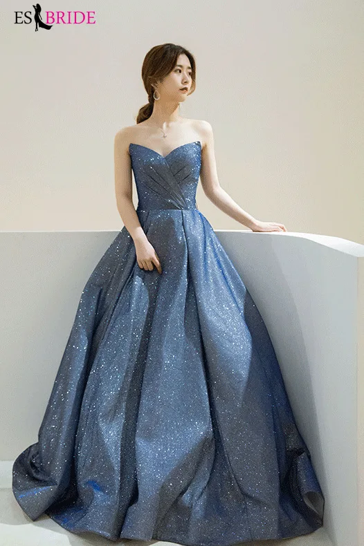 

Royal Blue Starry Sky Evening Gowns 2019 New Arrival Elegant Casual Lace Dress Party Formal with Sleeve Robe De Soiree ES1418