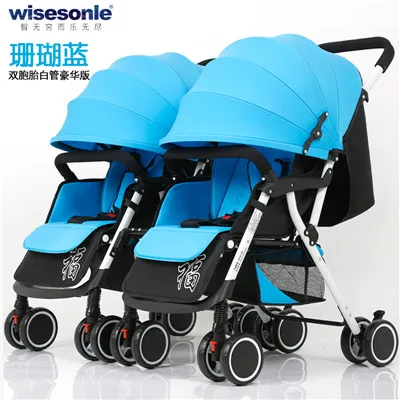 Wisdom двойная детская коляска Съемный складной легкий амортизатор может сидеть откидываясь на колесиках - Цвет: Blue