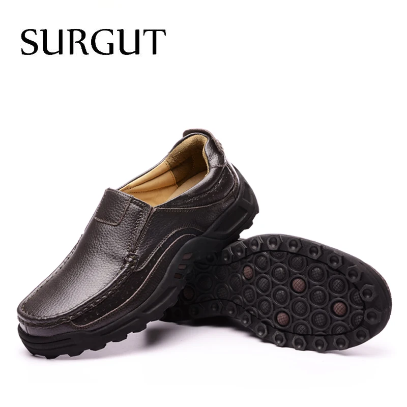 Мужские парадные мокасины без застежки SURGUT, коричневые деловые туфли из натуральной кожи, повседневная обувь на плоской подошве 38-48 размеров для весны и осени