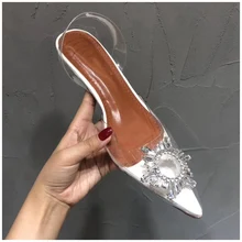 SUOJIALUN 2019 New Brand Women Sandal Fashion Sun Flower Crystal PVC Transparent Women Mules Slides Low Heel Elegant Sandal minnetonka women s fiesta sandal