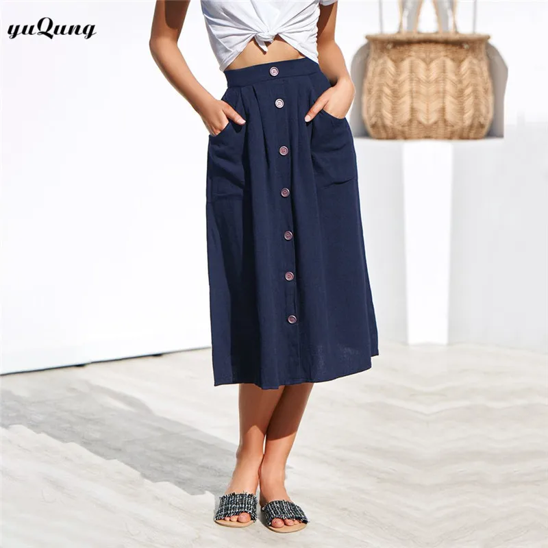 

Women vintage High Waist midi Skirts Ladies Army Green pocket Knee Length A line Casual Skirts With Button Women Clothing