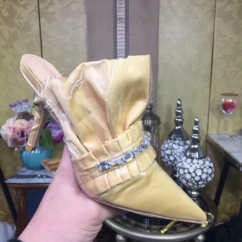 

Slipper High Heel Designer Shoes Woman Flowers Pointed Toe Shoes Woman Pumps Slip On Crystal Bling Muller shoes Slides Pleated