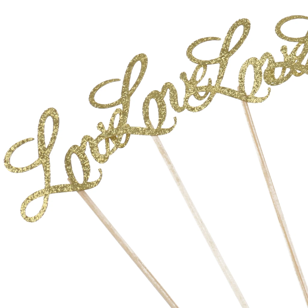 20/set Glitter Paper Golden LOVE Cake Toppers Cupcake Dessert Picks Wedding Engagement Decor