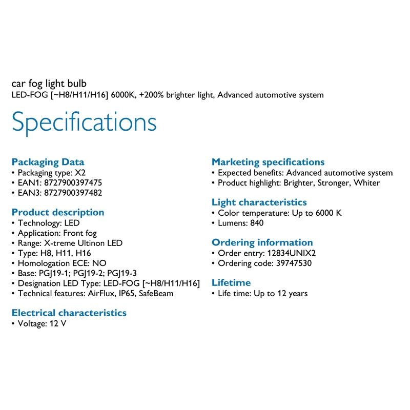 Philips X-tremeUltinon LED FOG H8 H11 H16 Bulbs Set PGJ19-112794UNIX2