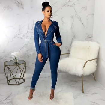 

OKAYOASIS Sexy Women Deep V-neck Long Sleeve Bodycon Casual Denim Jumpsuit Female One Piece Stretch Jeans Jumpsuit Rompers