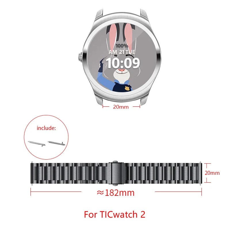 

20mm Stainless Steel Strap for TICwatch 2 Replacement wristband TICwatch Chain Bracelet Folding buckle Adjustable size Free tool