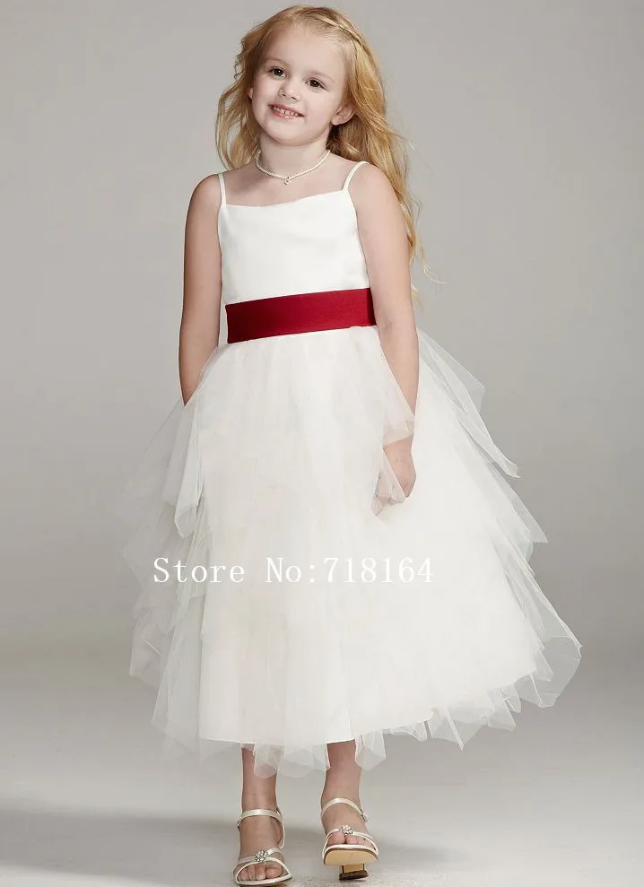 Top Elegant White Ivory Flower Girl Dress With Red Sash Cheap