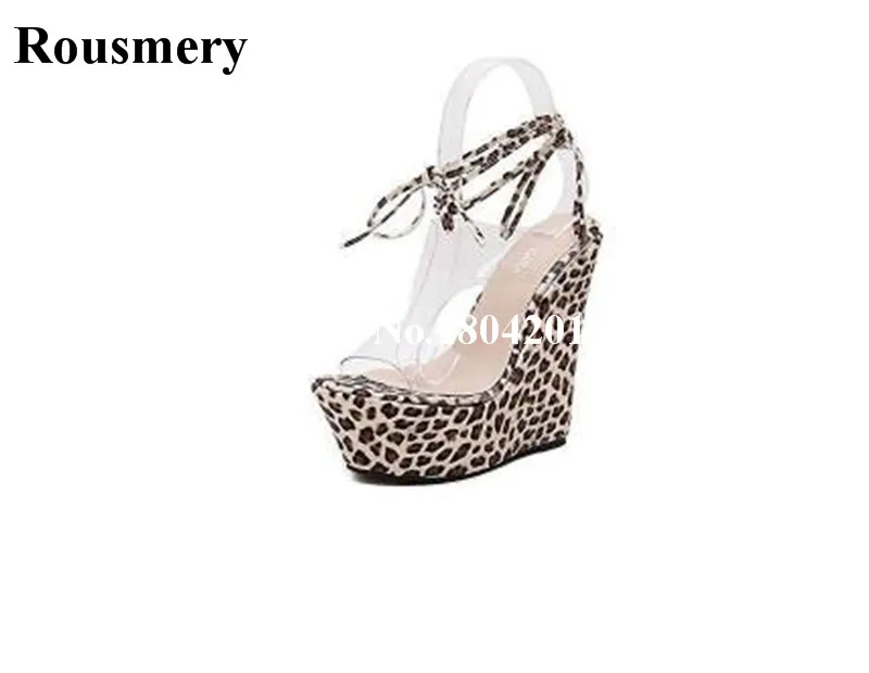 

Hot Sale Sexy Leopard Pattern Women Sandals Transparent Ankle Strap Peep Toe Wedge Heel Platform Lace Up Party Dress Shoes Women