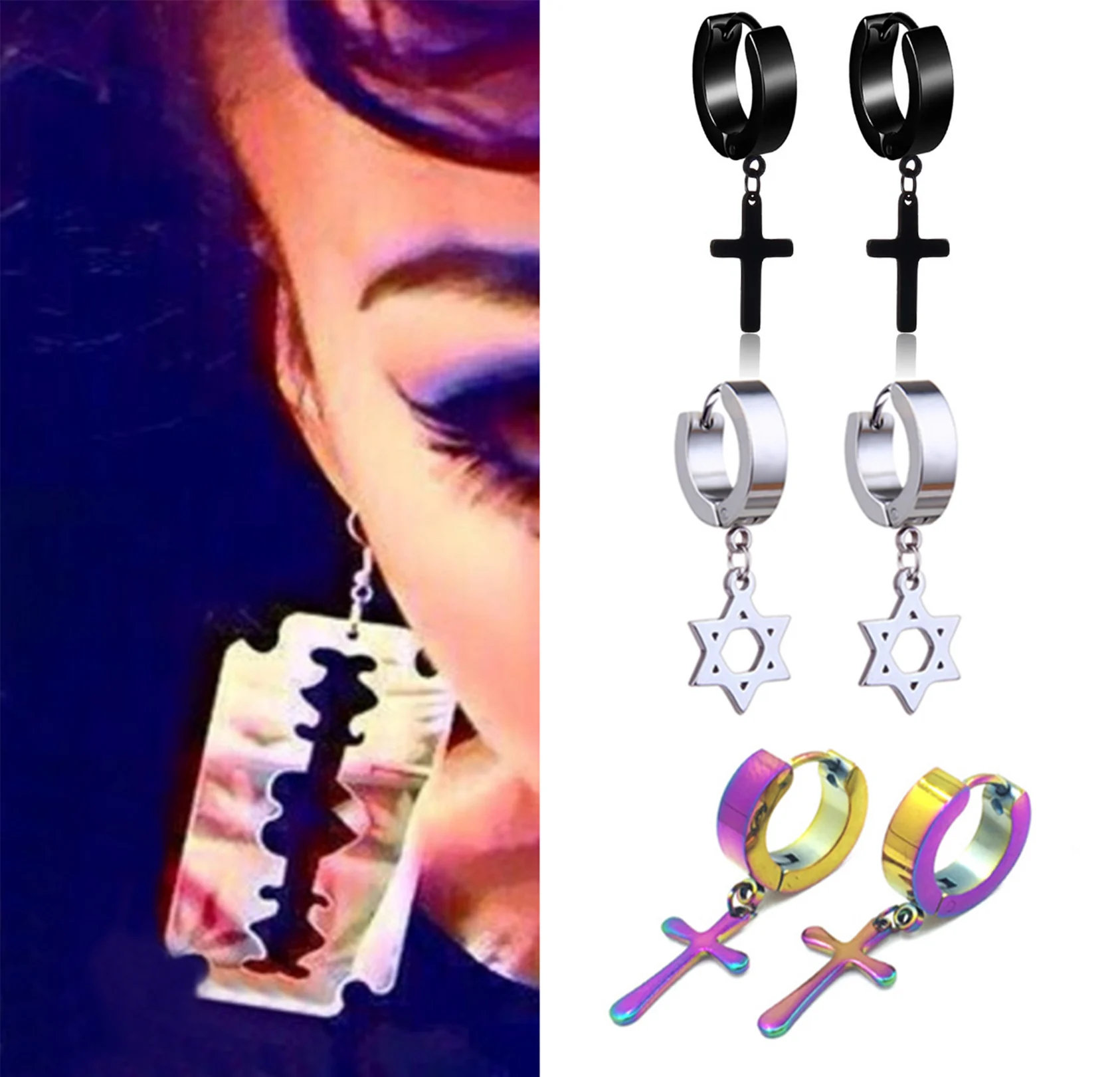 

LNRRABC 1Pcs New Stainless Steel Ear Earrings High Circle Women Pendant Punk Round Solid Color Fashion Cross Men Gift