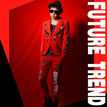 

M-XXL ! Night club male singer DSDJ embroidery cloth paste stitch red suit big bar performance costumes singer clothes