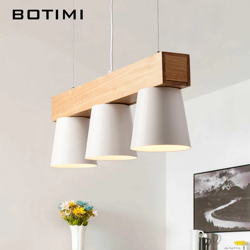 

BOTIMI Nordic Design Pendant Lights With Triple Metal Lampshade Lamparas Colgantes Modern Wood Hanging Lamp E27 Suspension Light