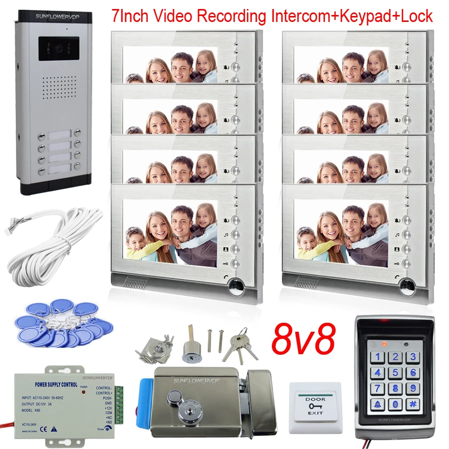 Video Recording Video Door Phone Access Control Keypad Doorphone Intercom Kit For 8 Units Intercom With Screen Memory Color 7\