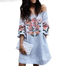 Летнее платье с вышивкой женское с открытыми плечами Повседневный стиль, расклешенный рукав топы женские свободные юбки с вырезом лодочкой прямые платья