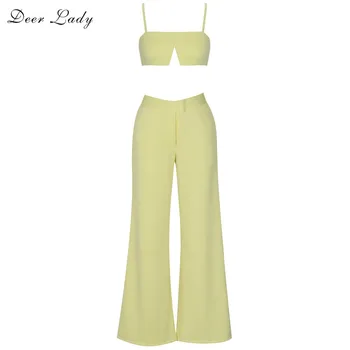 

Deer Lady 2019 Bodycon Pants Set Women Summer Sleveless Sexy Crop Top And Pants Set Yellow Long Wide Leg Pants Wholesale HL