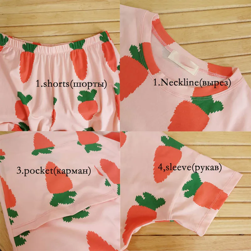 Pjamas for women radish print cotton 2 pieces pajamas set plus size short sleeve pants summer female sleepwear casual home suit