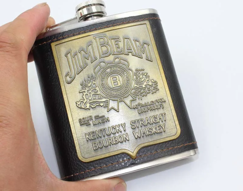 With Box Stainless Steel Hip Flask 7oz Embossed Flagon PU Leather