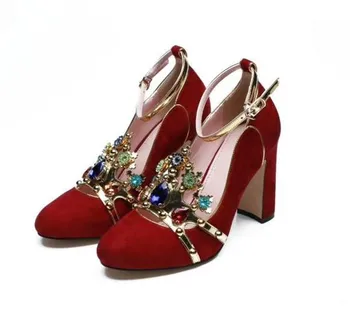 

2018 Fall runway Suede leather diamonds high heel pumps shoes Chic ankle strap thick heel shoes Women wedding shoes BY486