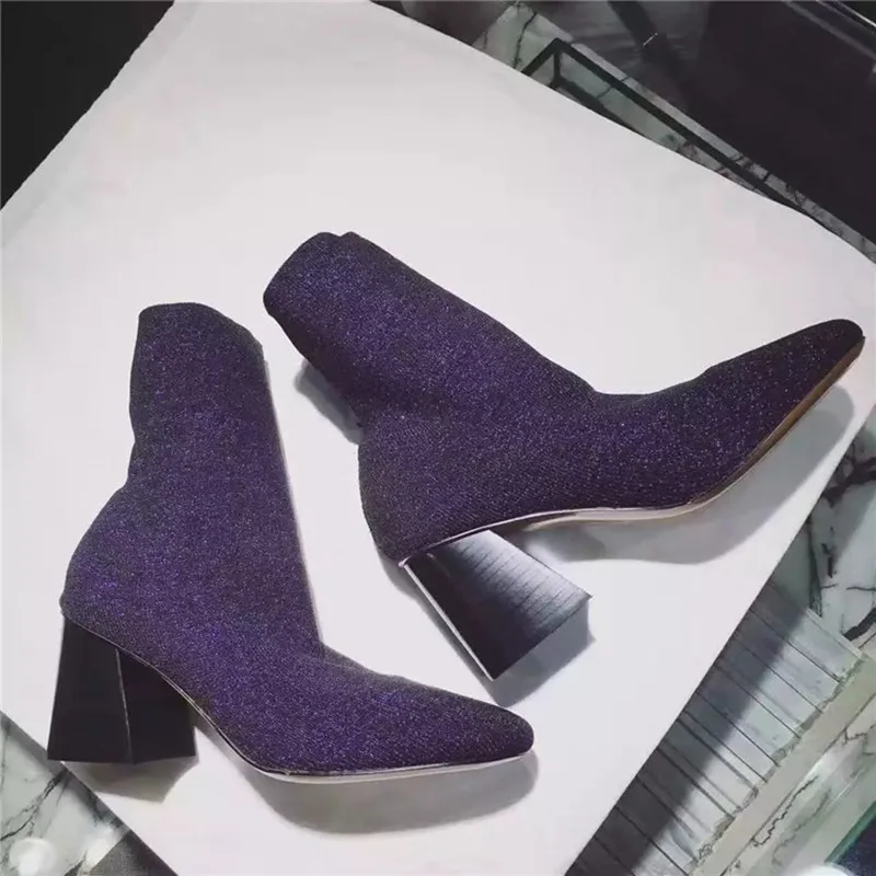 2016 Hot Shoes Woman Autumn/Winter Boots Stretch Fabric Square High Heels Slip On Mujer Mid-Calf Booties Luxury Design Superstar