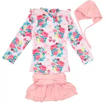 Dragonpad/Летний водонепроницаемый купальный костюм с цветочным рисунком для девочек Рубашка с длинными рукавами+ юбка+ шапочка для плавания, детская одежда для плавания