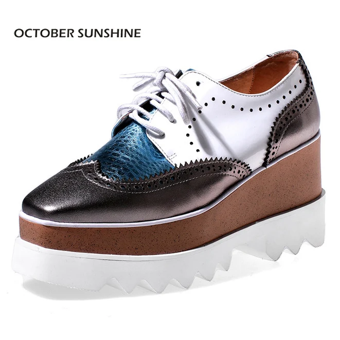 

OCTOBER SUNSHINE 2017 women's Genuine Leather Platform Wedges Casual shoes Mixed Colors Square Toe Lace-Up Flats shoes for women