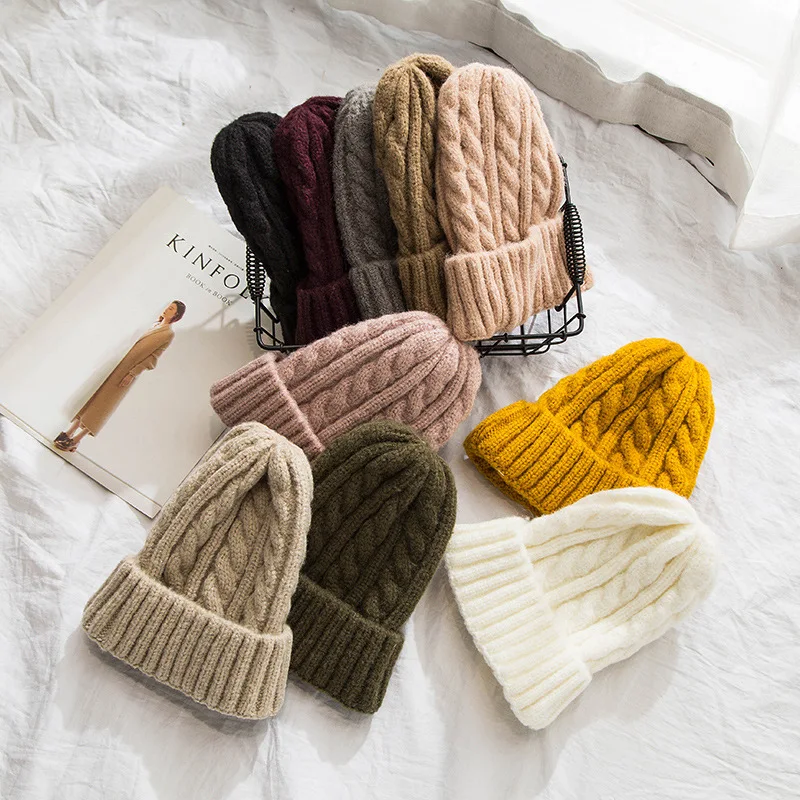 

2018 new autumn and winter warm hat solid color knitting twist wool hat all-match cover casual earmuff hat flexible