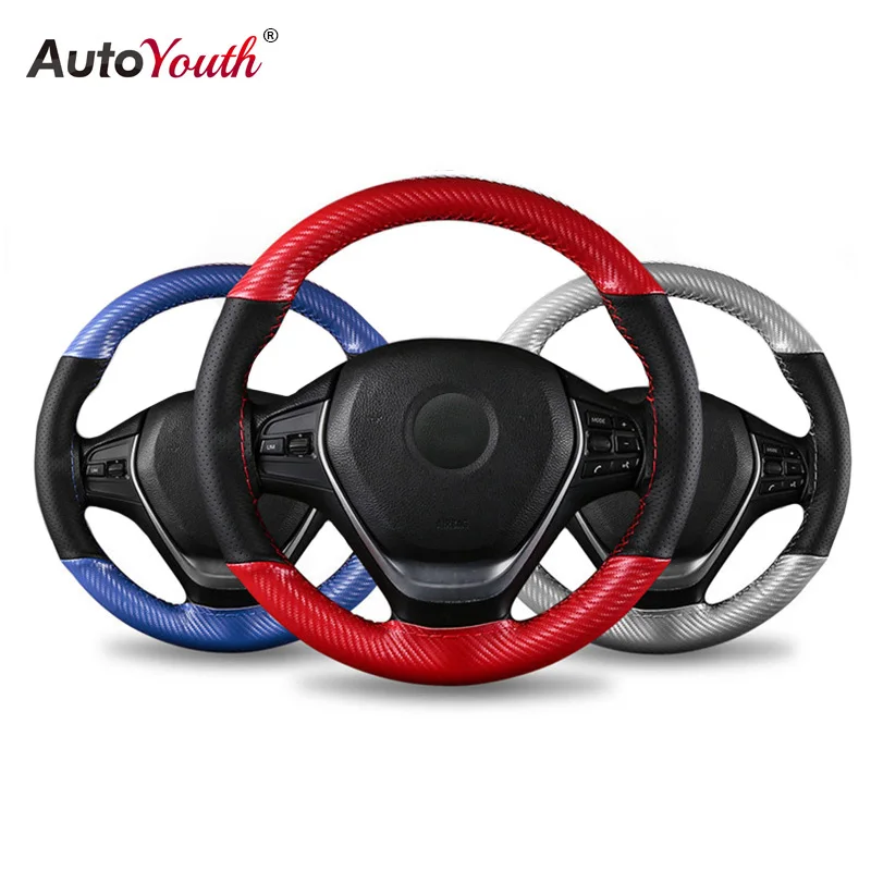 

AUTOYOUTH 15 Inch Universal Micro Fiber Leather Car Steering Wheel Cover Stitch On Wrap with Needle & Thread Anti-Slip for SUVS