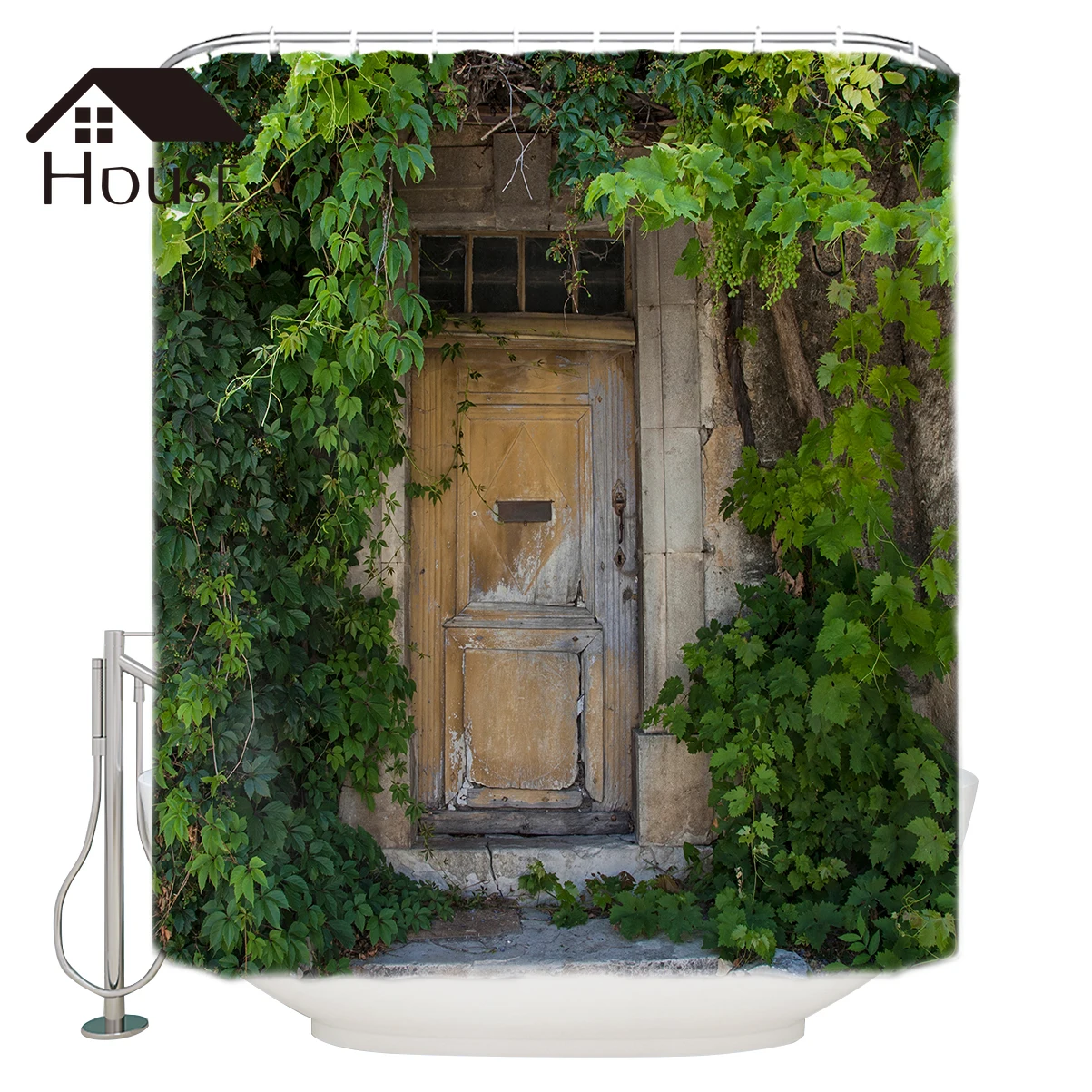

BIGHOUSES Shower Curtain Provence Door covered with green vines Fabric Shower Curtain with Hooks