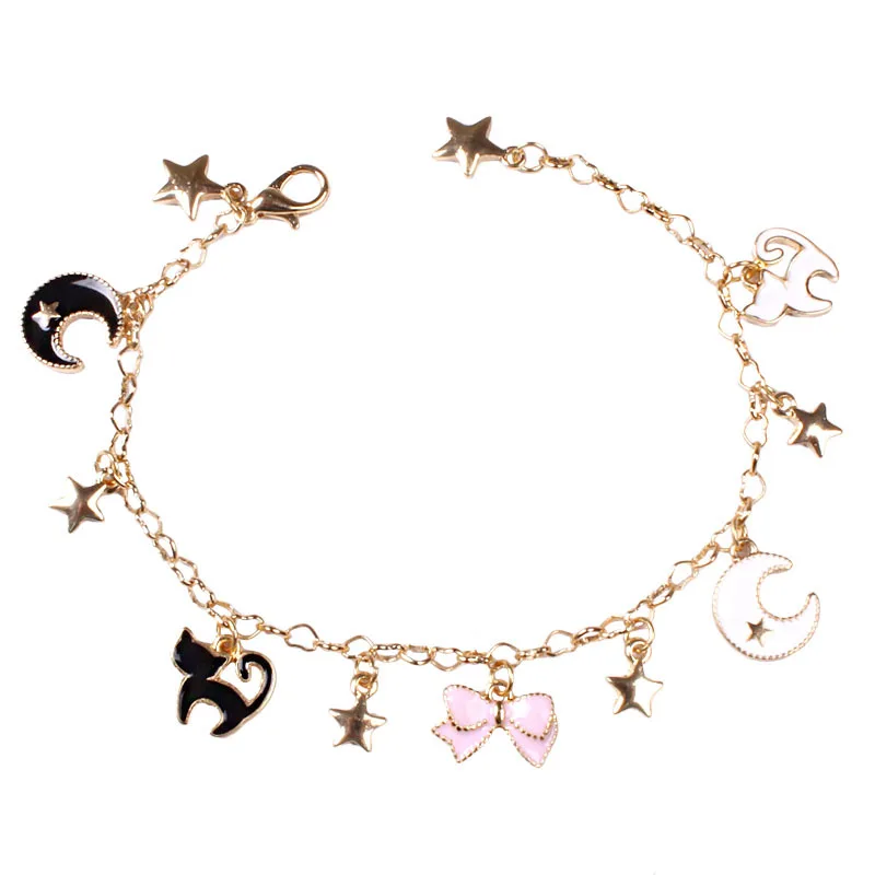 Японские Сейлор Мун Звезды Луна бант Ангел браслеты с крыльями милые черные кошки розовый Сакура браслет с шармами цветами для детей женщин - Окраска металла: cat charms