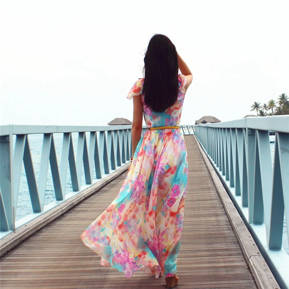 

Colorful Print Chiffon Romantic Elegant Bohemia Women Summer Beach Full Dress Ruffled Pleated Sleeve Big Flared One-Piece Dress