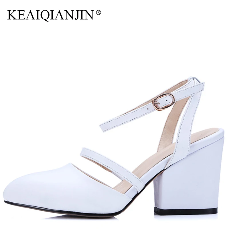 

KEAIQIANJIN Woman Summer Genuine Leather Sandal Fashion Black White High Heels Shoes Sexy Plus Size 33-43 String Bead Sandals