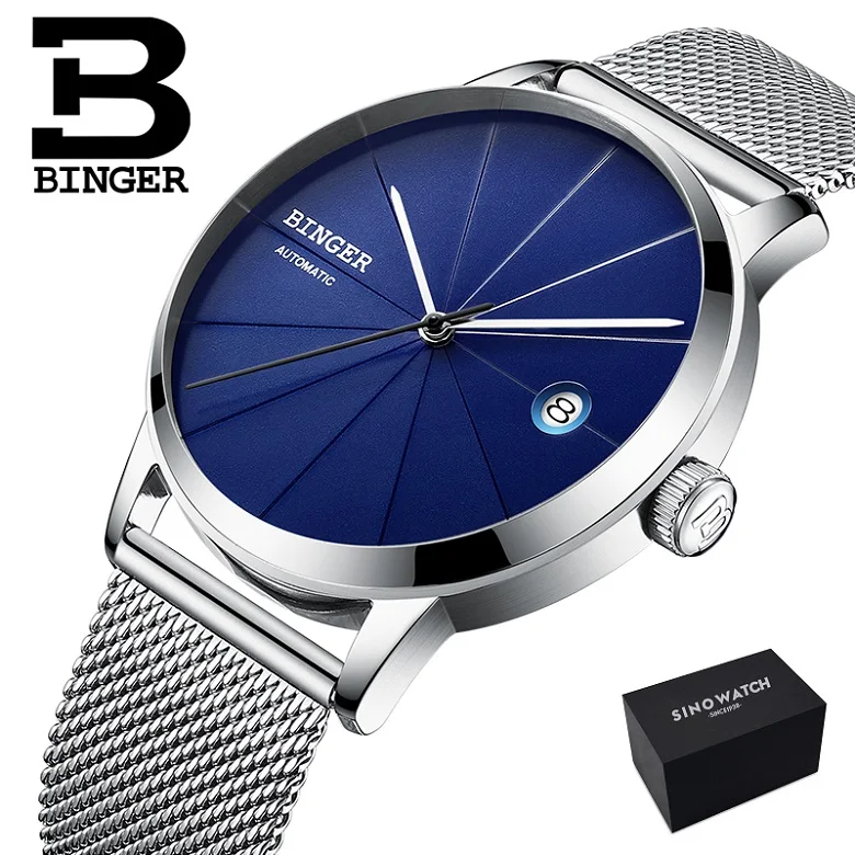 Брендовые Часы Seiko с автоматическим перемещением, мужские механические часы t BINGER, полностью черные часы с сетчатым ремешком из нержавеющей стали, мужские часы - Цвет: steel silver blue