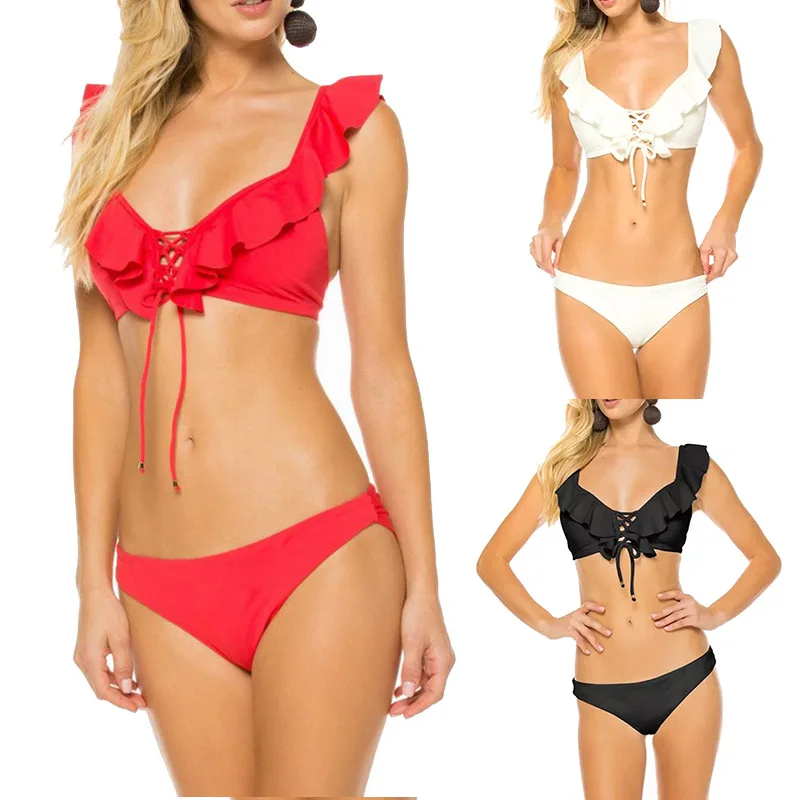 

2019 New Women's Swimming Suit Split Swimwear Solid Sling Tied Bikini Briefs Swimsuits for Beach Swim MSD-ING
