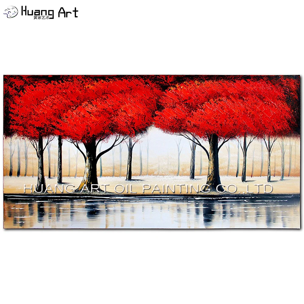 

100% Hand-Painted Red Tree Scenery Oil Paintings on Canvas Contemporary Abstract Knife Landscape Artwork for Living Room Decor