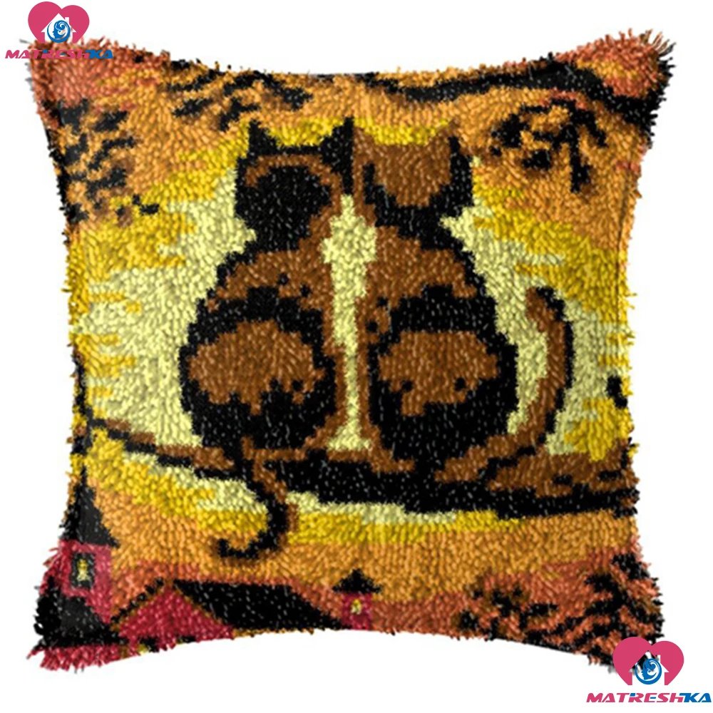 Cat Couple diy Latch Hook Kits Cat Flower Embroidery Printed Canvas 3d