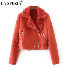 LA SPEZIA Suede Fur Coats Women Red Winter Jacket Thick Warm Female Zipper Pockets Loose Ladies Motorcycle Biker Short Jackets