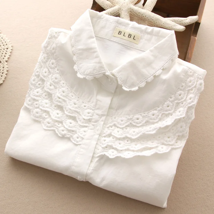 

Sweet Mori Lolita Girl Lace Ruffles Shirt Peterpam Long-sleeve Cotton Loose Shirt 2XL Women Casual Basic Top shirts Blouse Mori