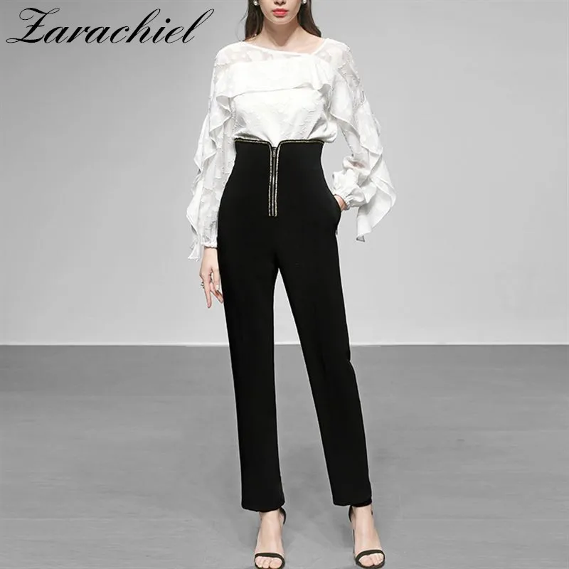 

Runway Ruffles Shirt Tops and High Waist Black Pencil Pants Suits Women Business Suit 2 Piece Set Office Work Pant Set Vestidos