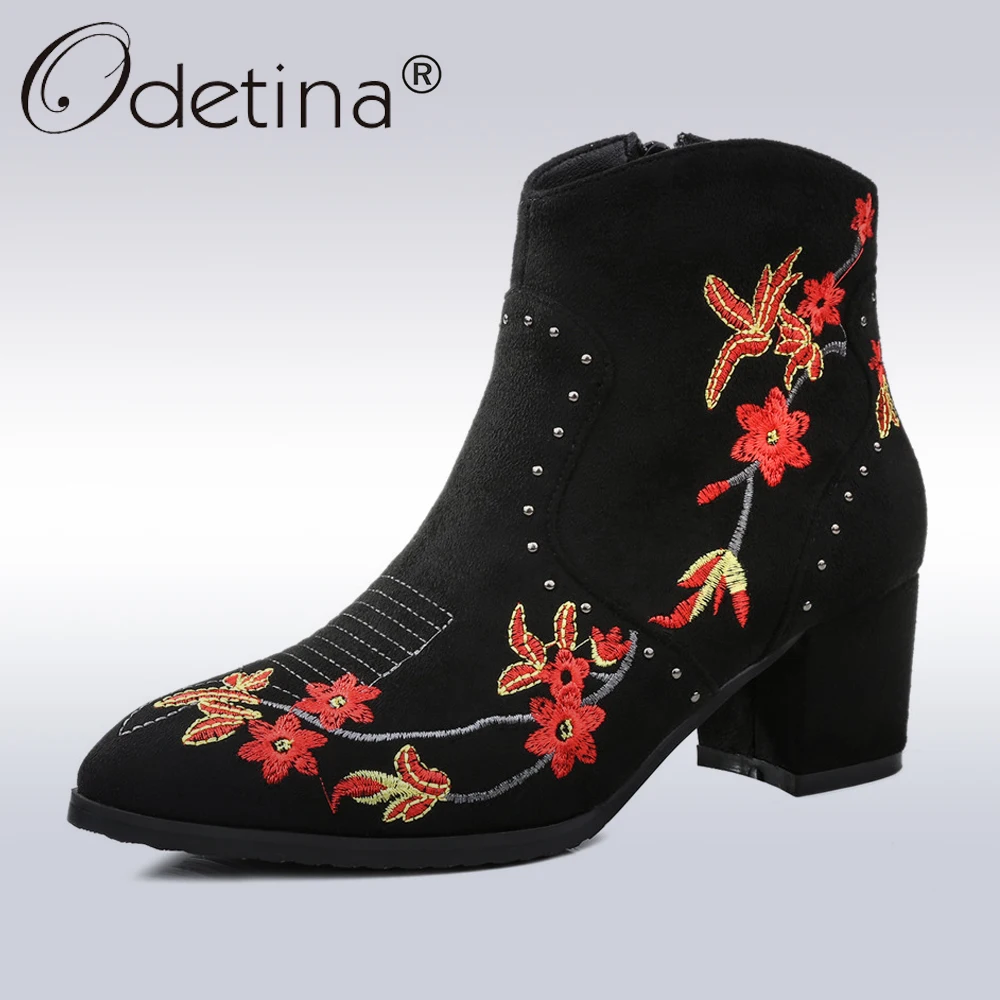 

Odetina Vintage Ethnic Flower Embroidery Boots Women High Heels Ankle Boots With Zipper Lady Winter Plush Suede Boots Black