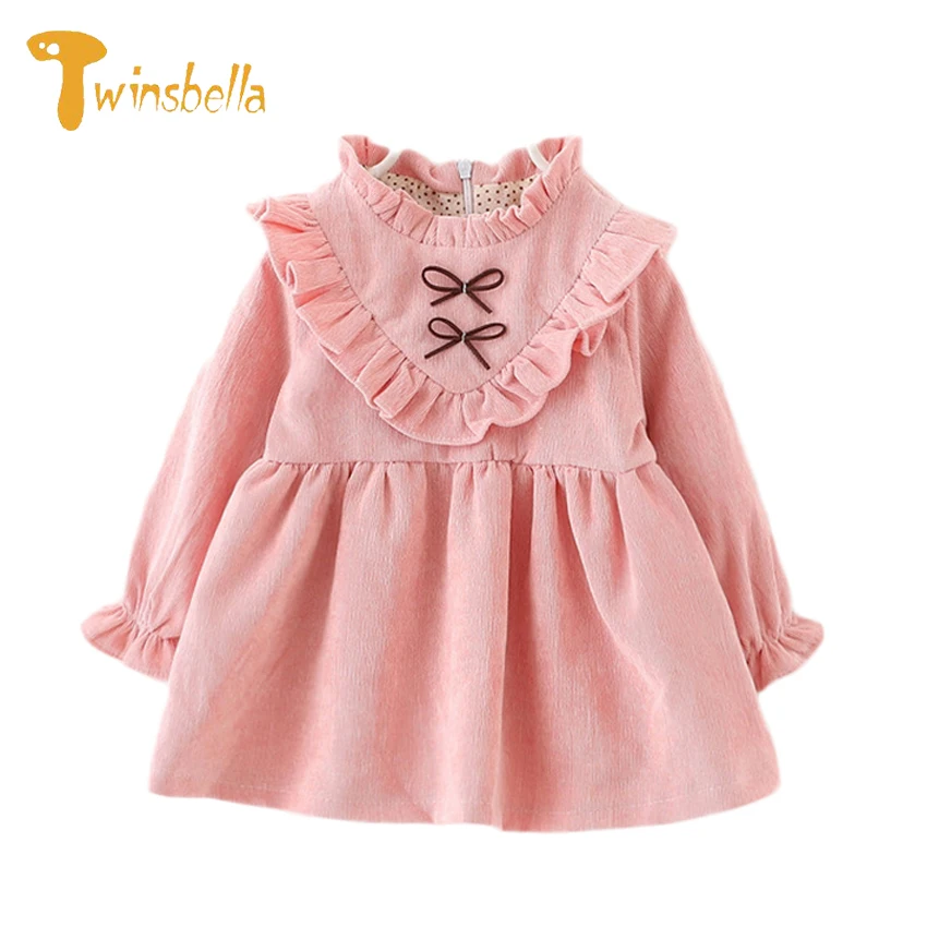 2018 Spring Autumn Cute Brief Casual Cotton Princess Dresses Bow Peter Pan Collar Dresses Long Sleeve Dresses for Toddler Girls