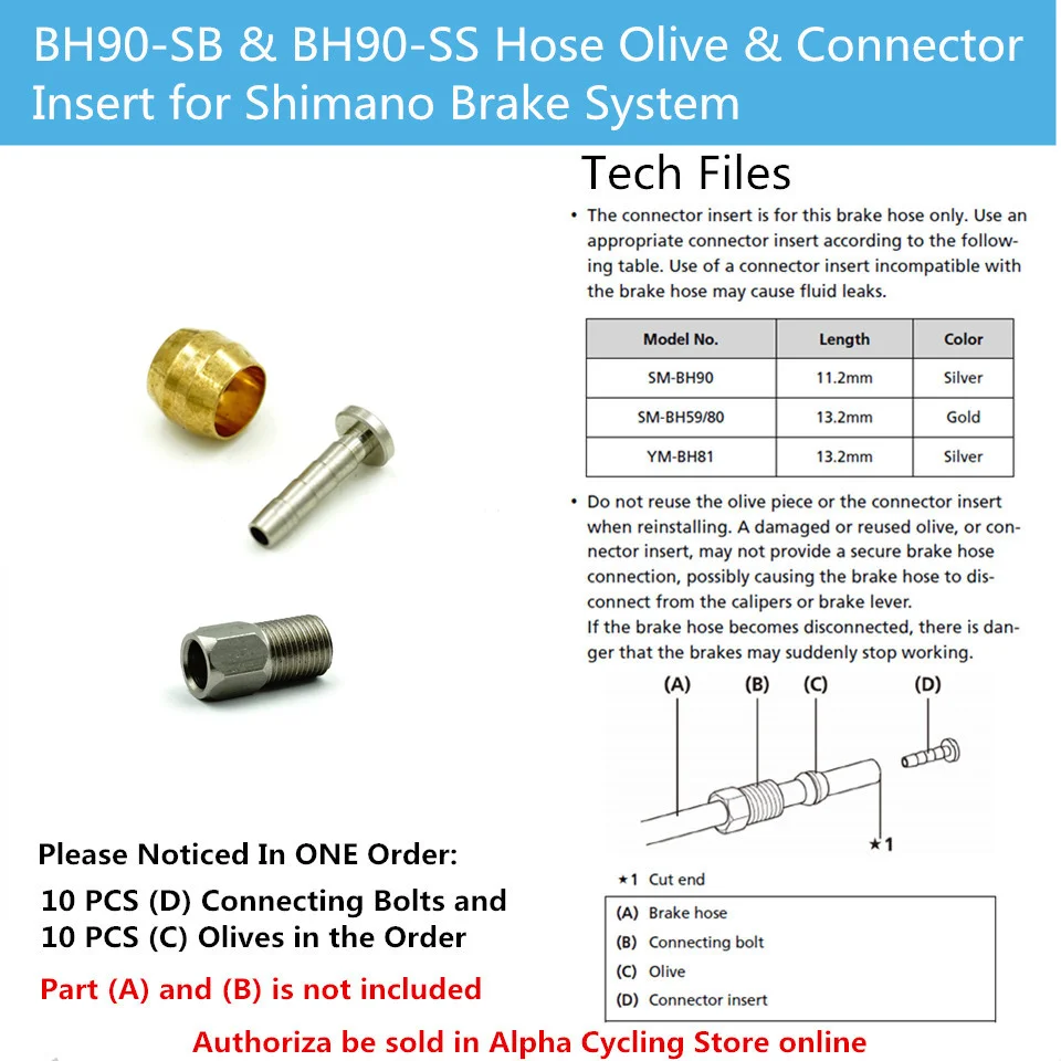 

Hydraulic Brake BH90 Hose Olive, Connector Insert and Connecting Bolt for Shimano Brake System, 1 Set Per Order