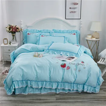 

Princess Style 4 pcs Pure Cotton Embroidery Bed Sets Duvet Cover Bed Skirt Pillowcase Ruffles Blue Purple Pink