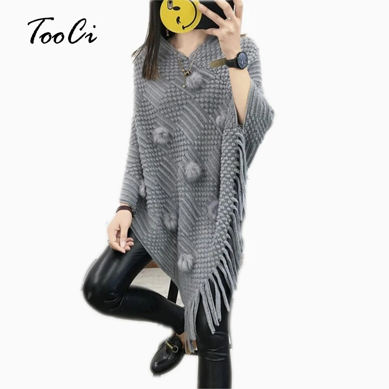 

Fashion Spring Women Gray Sweater Lady Hairball Tassels Poncho Long Knitted Pullovers Knitted Cape Coat
