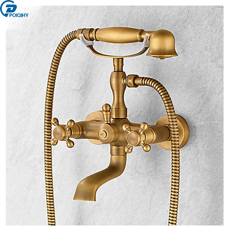 

POIQIHY Wall Mounted Centerset Handshower Mixers Taps Antique Brass Waterfall Tub Spout Dual Handles